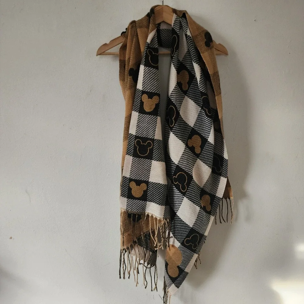 NWOT Mickey Mouse Brown White Black Plaid Scarf Fringe Classic